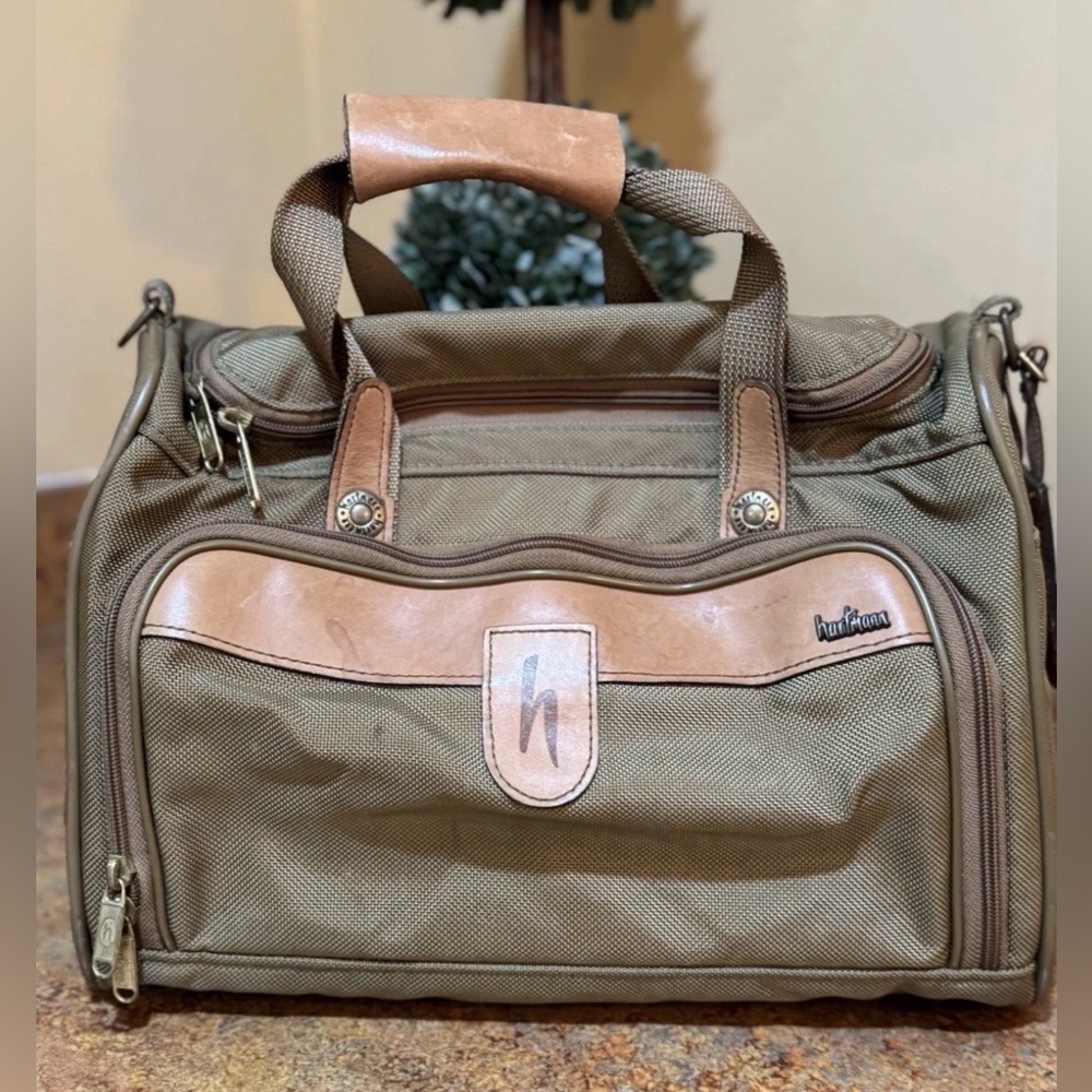 Vintage Hartmann Leather Nylon Carry On Expandable Shoulder Bag Olive 18”x12”x5”